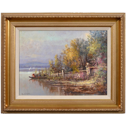 713 - Late 20th/21st century - Lakeside Scene, with signature, oil on board, 29.5cm x 39.5cm... 