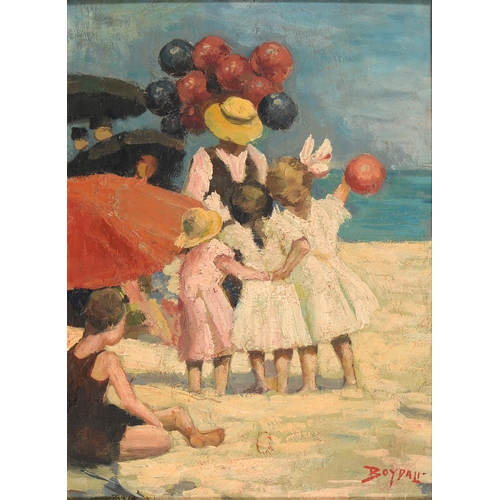 714 - 20th century School - Beach Balloons, with signature, oil on board, 37cm x 26.5cm