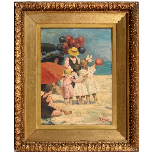 714 - 20th century School - Beach Balloons, with signature, oil on board, 37cm x 26.5cm