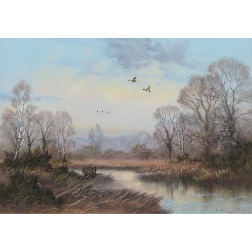 718 - Wendy Reeves (1945-) - Winter Landscape with Ducks in Flight, signed, pastel, 34cm x 50cm and G P Qu... 