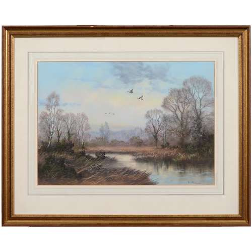 718 - Wendy Reeves (1945-) - Winter Landscape with Ducks in Flight, signed, pastel, 34cm x 50cm and G P Qu... 