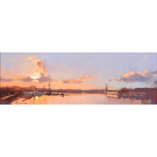 726 - Peter Wileman, PPROI (1946-) - Hammersmith Bridge, oil on board, 20cm x 60cm