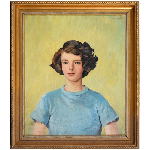 728 - John White, 1952 - Portrait of A Girl, bust length, signed and dated, oil on canvas, 54.5cm x 44cm... 