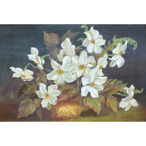 729 - English School 1907 - White Flowers, signed with initials S.M.W and dated, oil on canvas, 31cm x 47c... 