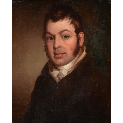 733 - English School, 19th century - Portrait of a Gentleman, bust length in a brown coat and white stock,... 