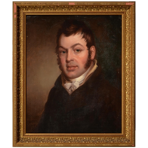 733 - English School, 19th century - Portrait of a Gentleman, bust length in a brown coat and white stock,... 