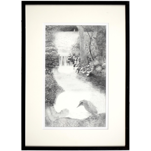 748 - Charles Stone, 20th/21st century - Ancient Bethlehem; Sunlit Pond; Kingfisher, three, charcoal, 38cm... 