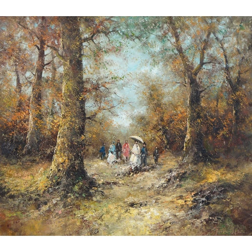 749 - Northern European artist, late 20th century - Elegant Company on a Woodland Walk, indistinctly signe... 