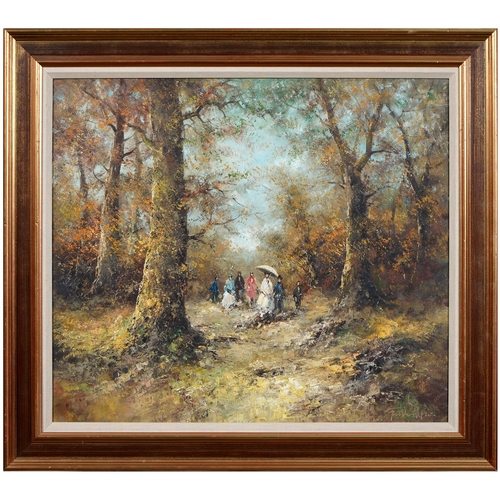 749 - Northern European artist, late 20th century - Elegant Company on a Woodland Walk, indistinctly signe... 