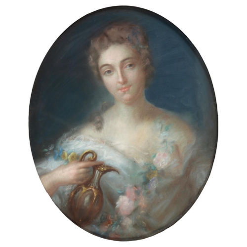 750 - French School, 19th century - Young Woman in Pearls; Young Woman holding a ewer, a pair, pastel, ova... 