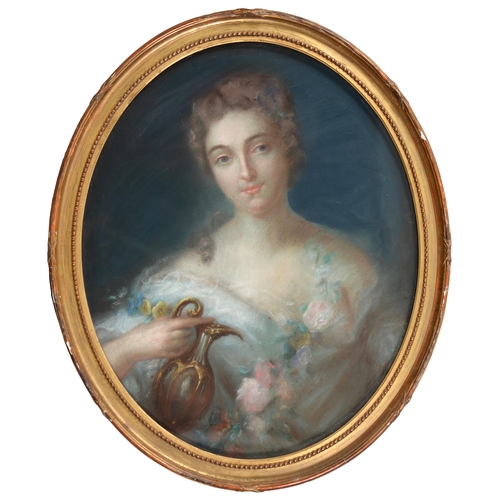 750 - French School, 19th century - Young Woman in Pearls; Young Woman holding a ewer, a pair, pastel, ova... 