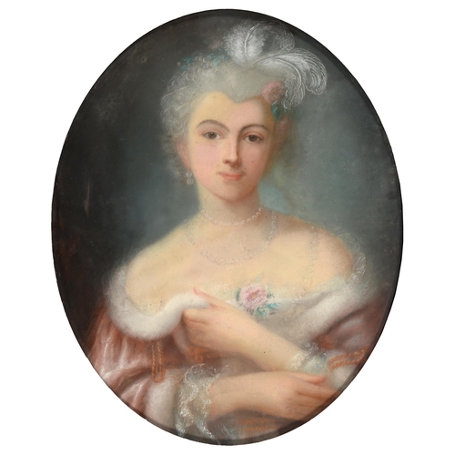 750 - French School, 19th century - Young Woman in Pearls; Young Woman holding a ewer, a pair, pastel, ova... 