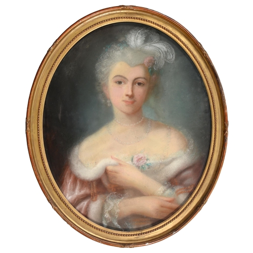 750 - French School, 19th century - Young Woman in Pearls; Young Woman holding a ewer, a pair, pastel, ova... 