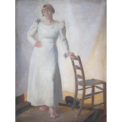 751 - English School - Interior with Woman in White, oil on canvas, 100cm x 75cm