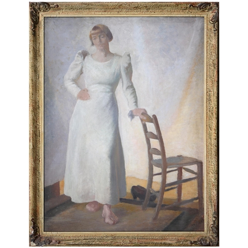 751 - English School - Interior with Woman in White, oil on canvas, 100cm x 75cm