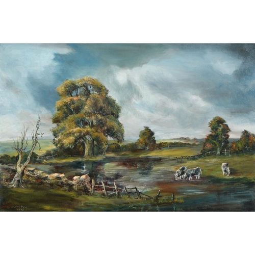 755 - D Foster, 20th century - Cattle by the River, signed and dated 1973, oil on canvas, 59cm x 90cm, Moo... 