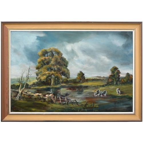 755 - D Foster, 20th century - Cattle by the River, signed and dated 1973, oil on canvas, 59cm x 90cm, Moo... 