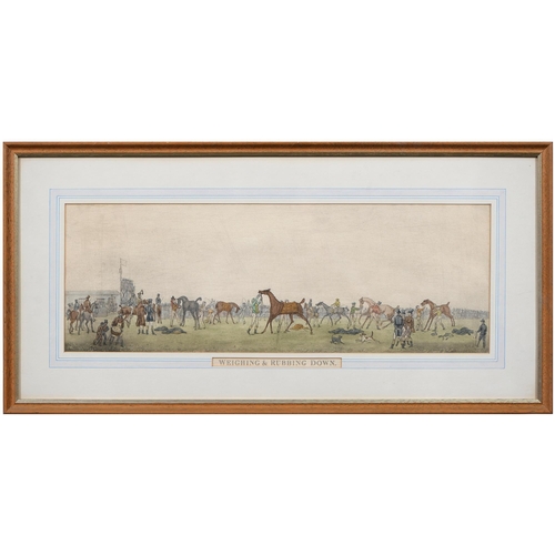 765C - Horse Racing. English School, 20th c - Weighing and Rubbing Down, later restrike, hand-coloured in w... 