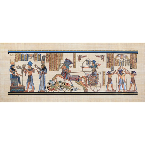 774 - Gamal, 21st c - Ancient Egyptian Frieze, gouache and gilt on papyrus, 60 x 142cm