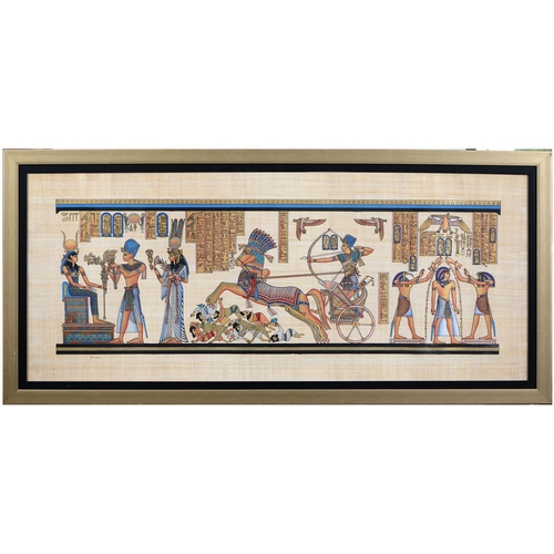 774 - Gamal, 21st c - Ancient Egyptian Frieze, gouache and gilt on papyrus, 60 x 142cm