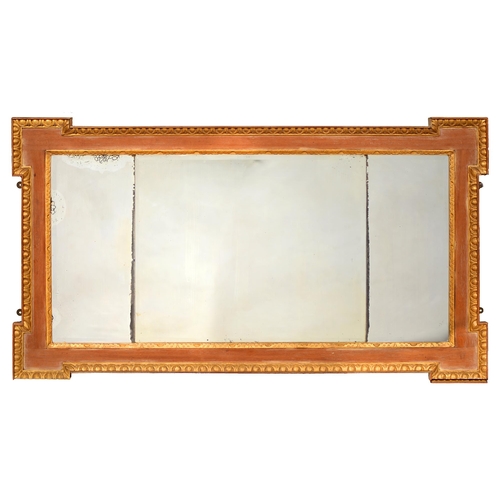 806 - A giltwood overmantel mirror, 20th c, in George II style, with three bevelled plates and egg-and-dar... 