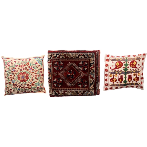 812 - A Khamesh bag made into a cushion 64 x 57cm and two needlework Susani cushions 40 x 46cm and 42 x 46... 