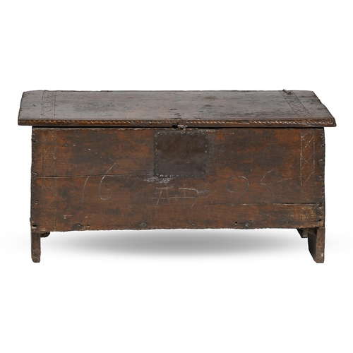 829 - A Charles I boarded oak chest, dated 1625, the lid with two notched lozenge bands, 42cm h; 35 x 91cm... 