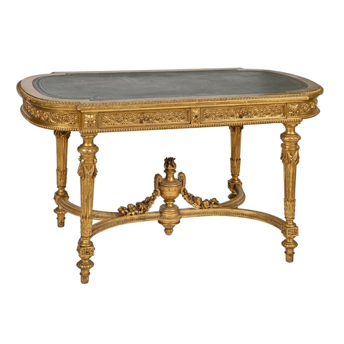 847 - A Victorian bow-ended giltwood writing table, c1870, in Neoclassical style with urn to the pair of i... 