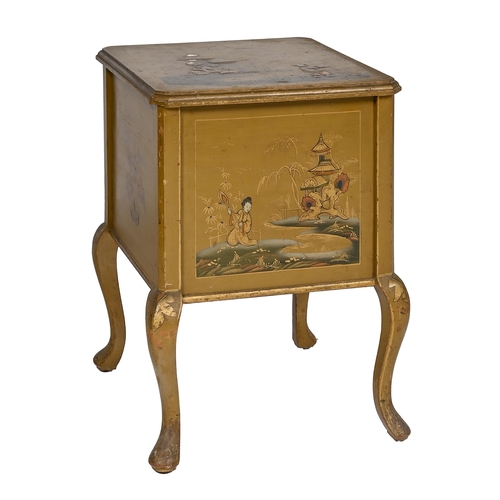 851 - An English japanned and painted wood sewing box, c1920, decorated to all sides, 44cm h; 34cm x 34cm... 