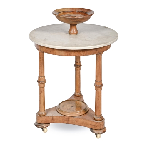 855 - A maple flower stand with marble top, mid 19th c, on three ringed columnar uprights, platform and bu... 