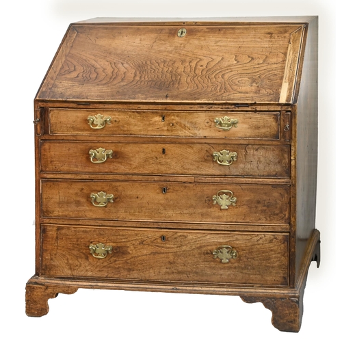 859 - A George III ash bureau, with fitted interior, 107cm h; 52 x 97cm