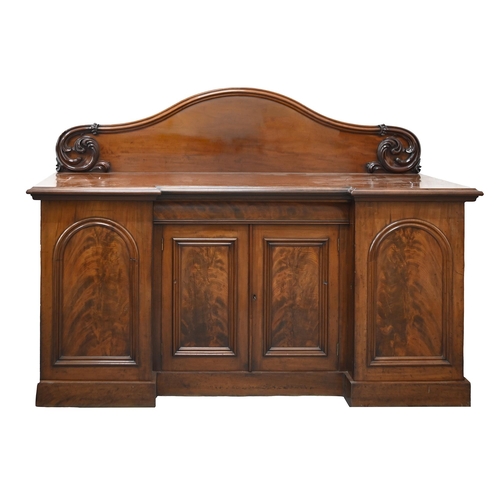 860 - A Victorian mahogany sideboard, with flame-figured door panels, 140cm h; 66 x 190cm