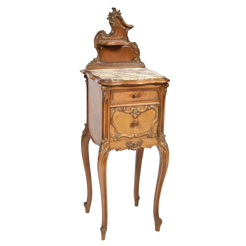 871 - A French rococo revival carved walnut pot cupboard with breche violette marble top, c1900, 118cm h... 