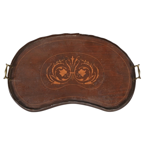 874 - An Edwardian inlaid mahogany kidney shaped tray, with brass handles, 64cm l