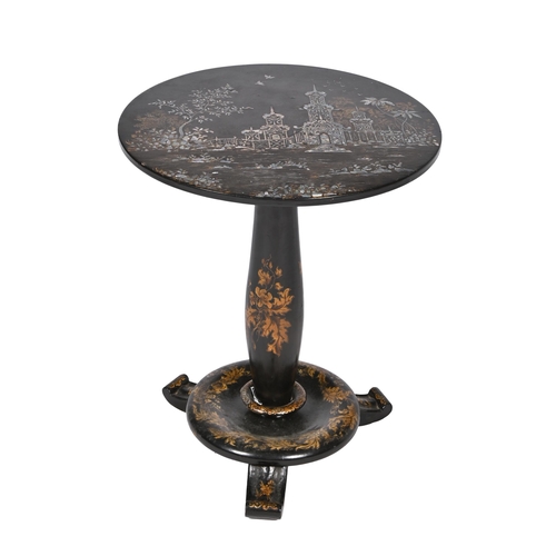 875 - A Victorian papier mache table, the round top inlaid in mother-of-pearl and gilt with a chinoiserie,... 