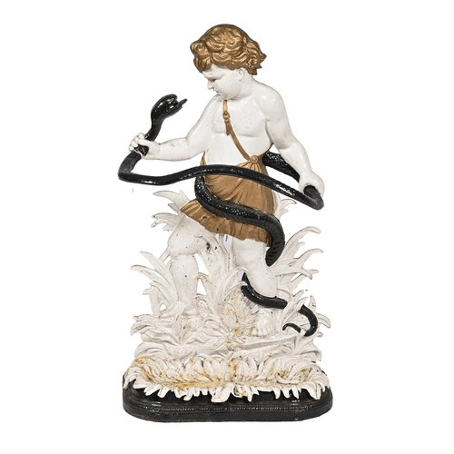 882 - A cast iron 'Boy and Snake' umbrella stand, 20th c, with leafy detachable drip tray, 82cm h... 