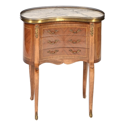 892 - A French walnut and tulipwood table en chiffonnier, 20th c, kidney shaped with marble slab, stamped ... 