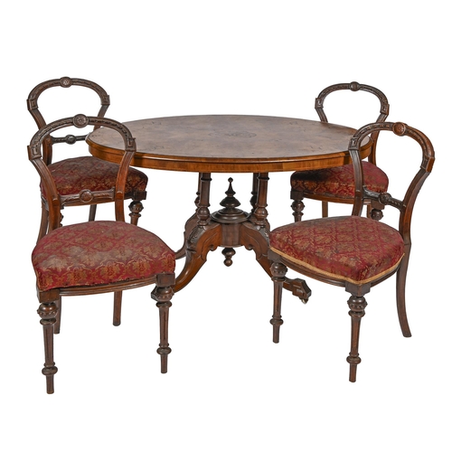 911 - A Victorian inlaid walnut loo table, on carved pedestal base and pottery castors, 72cm h and a set o... 