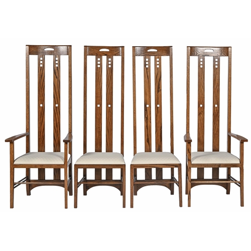 912 - A set of oak dining chairs, after a design by Charles Rennie Mackintosh, Mackintosh Craftsman Glasgo... 