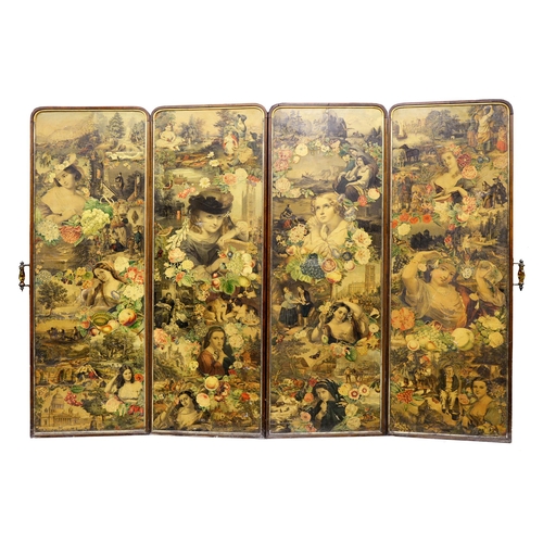 938 - Decalcomania. A Victorian giltmetal mounted mahogany four fold screen, 197cm x 264cm... 