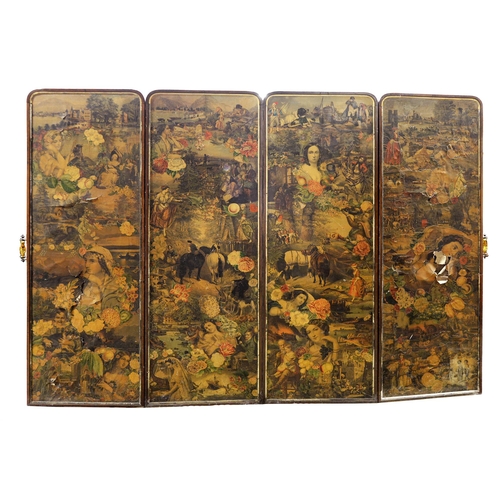 938 - Decalcomania. A Victorian giltmetal mounted mahogany four fold screen, 197cm x 264cm... 