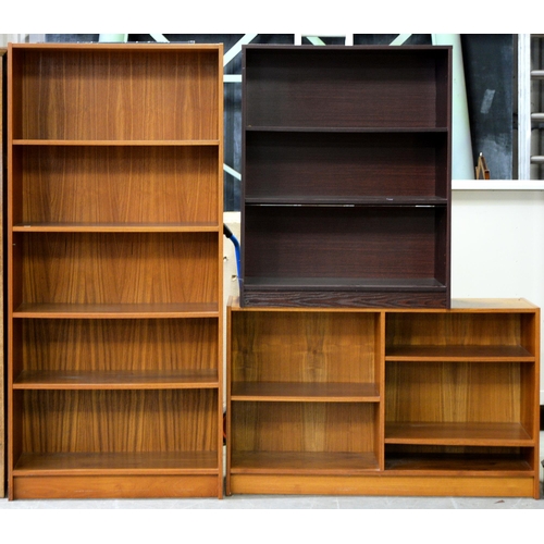 944 - Three laminate open bookcases, one 177cm h; 31 x 81cm