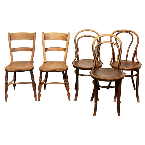 955 - Two Victorian ash kitchen chairs and three Austrian Bentwood chairs