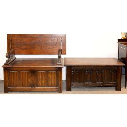 958 - An oak monk’s bench and an oak chest, each with linen fold panels, the first 74cm h; 42 x 106cm... 