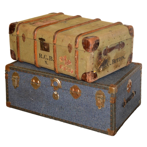 966 - Vintage luggage. A timber bound green canvas cabin trunk, early 20th c, the leather handles inscribe... 