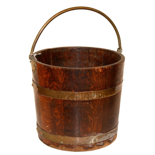 967 - A brass band oak bucket, Lister Woodcraft, early 20th c, with brass handle, 27cm h excluding handle... 