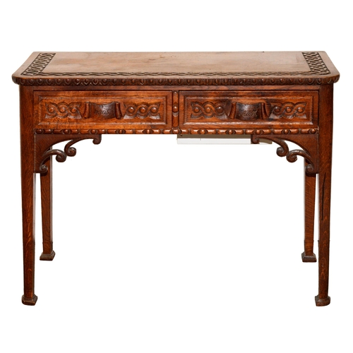 968 - An Edwardian oak side table, carved with interlacing and guilloche, the two drawers with runner hand... 