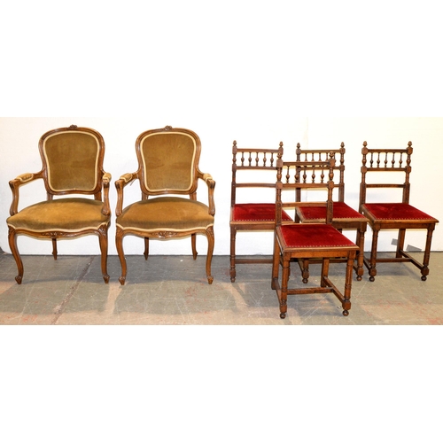 968A - A pair of French beech armchairs, 20th c, in Louis XV style and a set of four Victorian oak spindle-... 