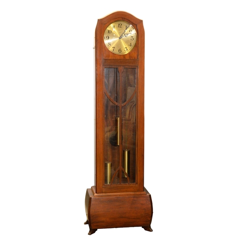 975 - A walnut eight day longcase clock, Enfield 20th c, chiming on rod bongs, pendulum and weights, 193cm... 