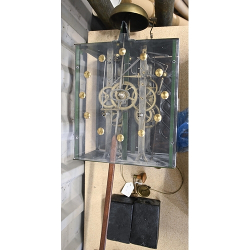 984 - A green painted metal and acrylic eight day wall clock, with wood rod pendulum, weights and winder, ... 